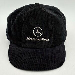 VTG Mercedes-Benz Corduroy Hat Made USA Black Logo Cap Leather Strapback RARE‎